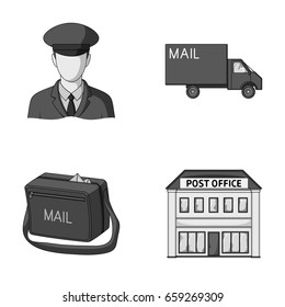 The postman in uniform, mail machine, bag for correspondence, postal office.Mail and postman set collection icons in monochrome style vector symbol stock illustration web.