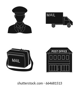 The postman in uniform, mail machine, bag for correspondence, postal office.Mail and postman set collection icons in black style vector symbol stock illustration web.