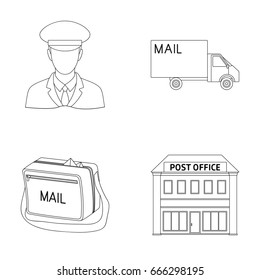 The postman in uniform, mail machine, bag for correspondence, postal office.Mail and postman set collection icons in outline style vector symbol stock illustration web.