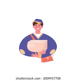Postbote in Uniform mit Paketpost. Kurierarbeit. Lieferservice-Konzept. Vektorgrafik für Logo, Banner-Design oder Landing-Page