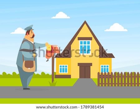 Postman in Uniform Putting Letter in Mailbox, Delivery Service Vector Illustration