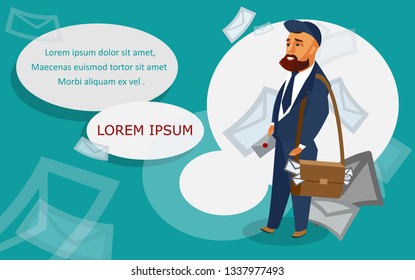 Postman Vector Banner Template with Text Space. Mailman Bringing Letters Flat Illustration. Cartoon Character holding Envelope Drawing. Delivery, Courier Services Poster Concept with Copyspace