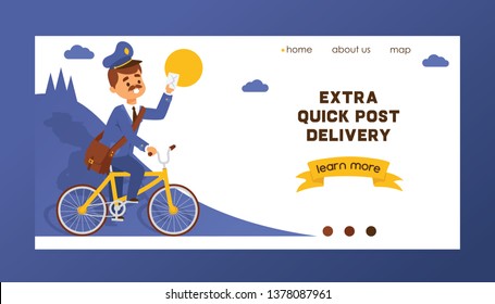 Postman vector landing web page mailman delivers mails in postbox or mailbox and post character mailed backdrop illustration postal delivery service web-page background.