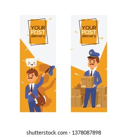Postman vector mailman delivers mails in postbox or mailbox and post people character carries mailed letters in letterbox backdrop illustration set postal delivery service background.