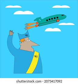 Postman waves his hand at the takeoff plane

The postman sends air mail delivery. Fast delivery of postal items and goods.