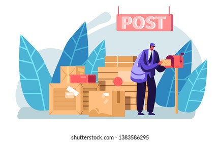 Postman Wearing Uniform and Cap with Bag on Shoulder Putting Letter in Mail Box. Faceless Male Character Post Office Employee Stand near Parcel Boxes in Warehouse. Cartoon Flat Vector Illustration
