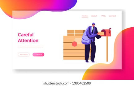 Postman Wearing Uniform and Cap with Bag on Shoulder Putting Letter in Mail Box. Faceless Male Character Post Office Employee Website Landing Page, Web Page. Cartoon Flat Vector Illustration, Banner