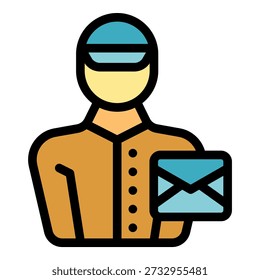 Postman wearing uniform and cap holding an envelope delivering mail and correspondence
