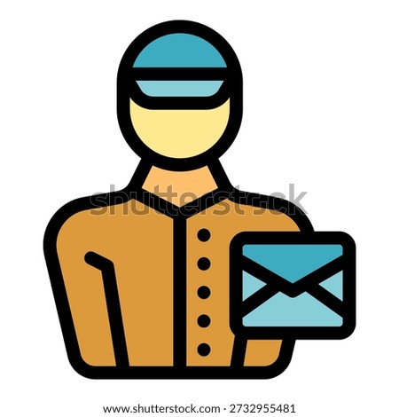 Postman wearing uniform and cap holding an envelope delivering mail and correspondence