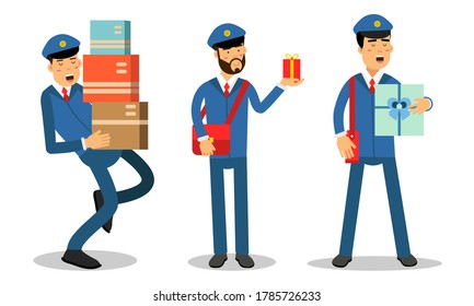 Postman Wearing Uniform Engaged in Daily Routine Vector Illustration Set