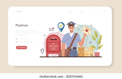 Postman web banner or landing page. Post office staff providing mail service, accepting of letter and package. Delivery and international comunication. Isolated flat vector illustration