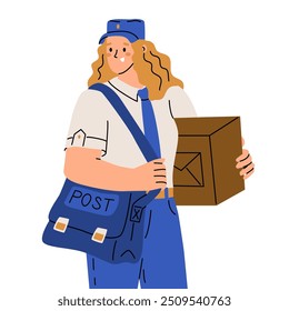 Postman woman in uniform with bag and parcel in hands. Postal delivery service. Flat style character depicted standing. Courier profession. Vector illustration.