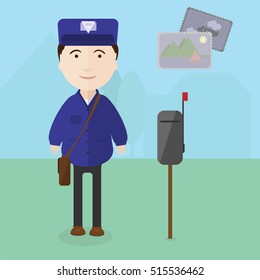 Postman at work near the mailbox