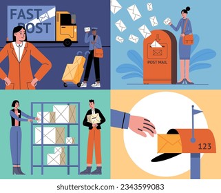 Postman work scenes. Uniformed workers serve customers at post office. People accept parcels. Letters express delivery. Ship or transport to address. Boxes on shelf