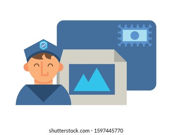 postman worker with credit card vector illustration design
