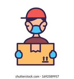 postman worker with face mask protection line and fill style vector illustration design