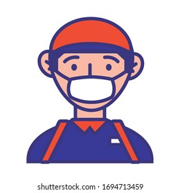 Postangestellte mit Gesichtsmaske-Schutzlinie und Vektorillustration-Design