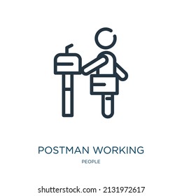 postman working thin line icon. post, work linear icons from people concept isolated outline sign. Vector illustration symbol element for web design and apps.