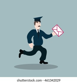 Postman.Letter. Fast delivery. Running mailman with an envelope in his hand. Illustration in vector. Flat design.