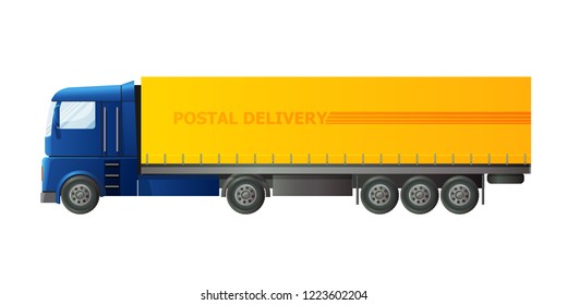 Postman's car, with postal parcel and lot of letters and envelopes. Express high-speed delivery, work of courier service, postal delivery, large truck car with covered awning. Vector illustration.
