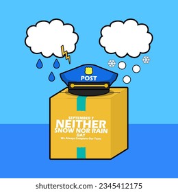 A postman's hat on a box of packages with rain clouds and snow clouds icons, with bold text on blue background to commemorate National Neither Snow Nor Rain Day on September 7