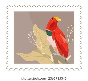 Postmark with avian animal, birdie sitting in bush. Leaves and foliage, botany and vegetation, exotic fauna. Postal card or mark with nature, letter and mail correspondence. Vector in flat style