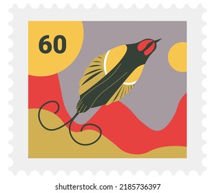 Marca postal con dibujo de aves exóticas y precio, marca postal para sobre. Sello o signo con birdie, animal aviar con alas pequeñas. Colección o tienda con diseño variado. Vector de estilo plano