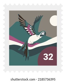 Postmark con vuelo de aves exóticas, marcado postal aislado con dibujo y precio. Paisaje tropical y animal aviar con largas alas, sol y montañas a distancia, colección. Vector de estilo plano