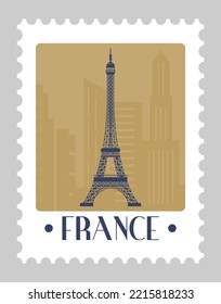 Postmark with French Eiffel Tower landmarks and famous sights of France. Building and construction, architecture of city. Postal mark or card, stamp for letter. Vector in flat style illustration
