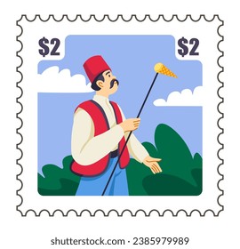 Postmark with ice cream seller in Turkey. Male character in costume with turkish frozen dessert on stick. Postal mark or card with price, correspondence and mailing sticker. Vector in flat style