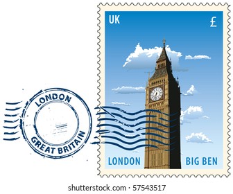 Postmark with night sight of London Big Ben tower