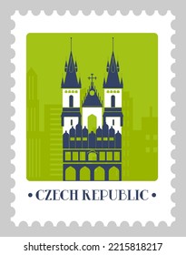 Poststempel auf Postkarte mit tschechischen Wahrzeichen und Architektur. Einziges Stück Papier mit dem Bau der Kathedrale oder berühmten Anblick. Postmarke oder -karte, Briefmarke. Vektorgrafik im Flachstil