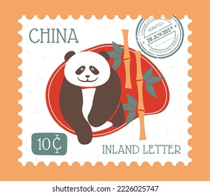 Postmark with panda, isolated piece of paper with Chinese fauna and price, and animals with bamboo flora. Postal mark or cart, stamp for letter communication and correspondence. Vector in flat style