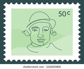 Postmark with portrait of man wearing hat. Male character line art portrayal of famous personage. Postal mark or cart, stamp for letter communication and correspondence. Vector in flat style