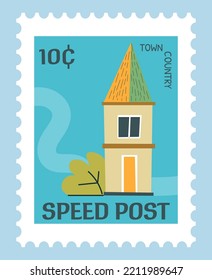Postmark or postcard with architecture building, speed express delivering mail and correspondence. Town country apartment. Post mark or card, stamp for letter with price. Vector in flat style