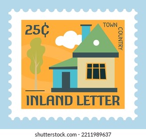 Poststempel oder Postkarte mit Architektur von Stadt, Landschaft und Wahrzeichen. Gebäude und Baum, Natur und Häuser. Postmarke oder Karte, Briefmarke für Briefpost mit Preis. Vektorgrafik auf Flach-Art