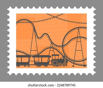 Postmark or postcard with attractions and amusement park, recreation and roller coaster. Postal mark or card, mailing letter and correspondence. Monochrome sketch outline. Vector in flat style