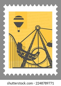 Postmark or postcard with attractions and recreations from amusement park. Postal mark or card, mailing letter and correspondence. Monochrome sketch outline. Vector in flat style