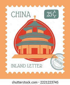 Postmark or postcard with china, Chinese architecture and landmarks. Inland letter with price, correspondence, and post services. Postal mark or card, stamp for mailing, vector in flat style
