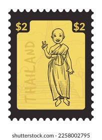 Postmark or postcard design with price and monk in traditional Thailand clothes. National diversity. Postal mark or card, mail correspondence monochrome sketch outline. A vector in flat style