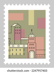 Postmark or postcard with Italian landscape or cityscape with architectural buildings. Postal mark or cards, mailing letter and correspondence. Monochrome sketch outline. Vector in flat style