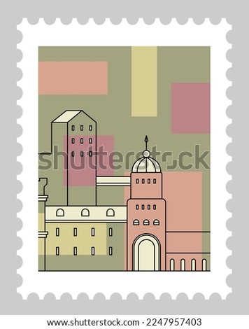 Postmark or postcard with Italian landscape or cityscape with architectural buildings. Postal mark or cards, mailing letter and correspondence. Monochrome sketch outline. Vector in flat style
