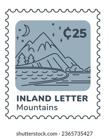 Postmark or postcard with landscape and mountains, trees and night sky. Piece of paper with scenery and price in cents. Postal mark or card for letters and mail correspondence. Vector in flat style