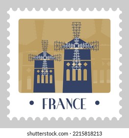 Postmark or postcard with old village agriculture mills of France. French landscape and sights, landmarks and famous places of country. Postal mark or card, stamp for letter. Vector in flat style