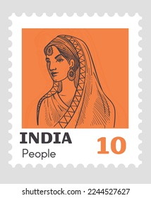 Postmark or postcard with portrait of famous people from India. Woman in traditional clothes wearing veil and looking aside. Postage mark or card, mailing and correspondence. Vector in flat style
