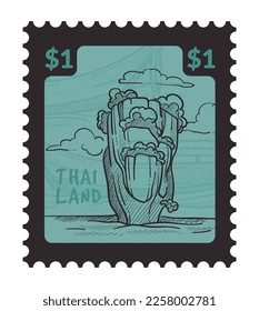 Postmark or postcard with price and landscape natural wonder. Cliff with trees and vegetation by seaside. Postal mark or card, mail correspondence monochrome sketch outline. Vector in flat style