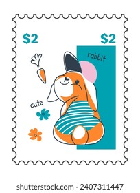 Postmark or postcard with rabbit with long ears and short tail with cute muzzle expression. Postage system, paper with price. Vector in flat style, postal card or sticker with cost, mailing service
