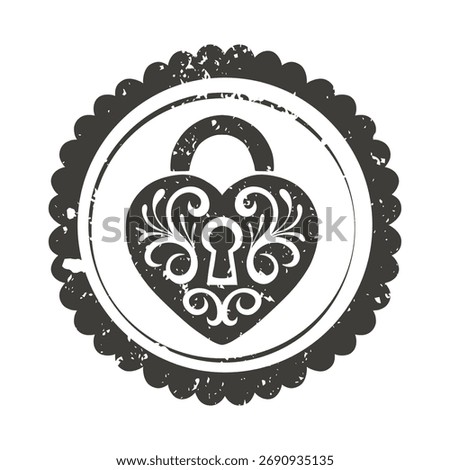 Valentine’s Postmark with Romantic secret Heart Lock stamp. Ornate grunge love padlock emblem, symbol for wedding, journals, invitations, and shabby chic scrapbooking