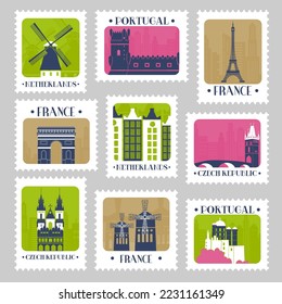 Postmark set design with europe country landmark. Colorful flat portugal, france building element at postage stamp, vector illustration. Graphic post element with netherlands, czech republic landscape