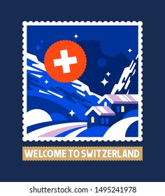 Postmark style landscape, composition of ski resort and swiss flag.